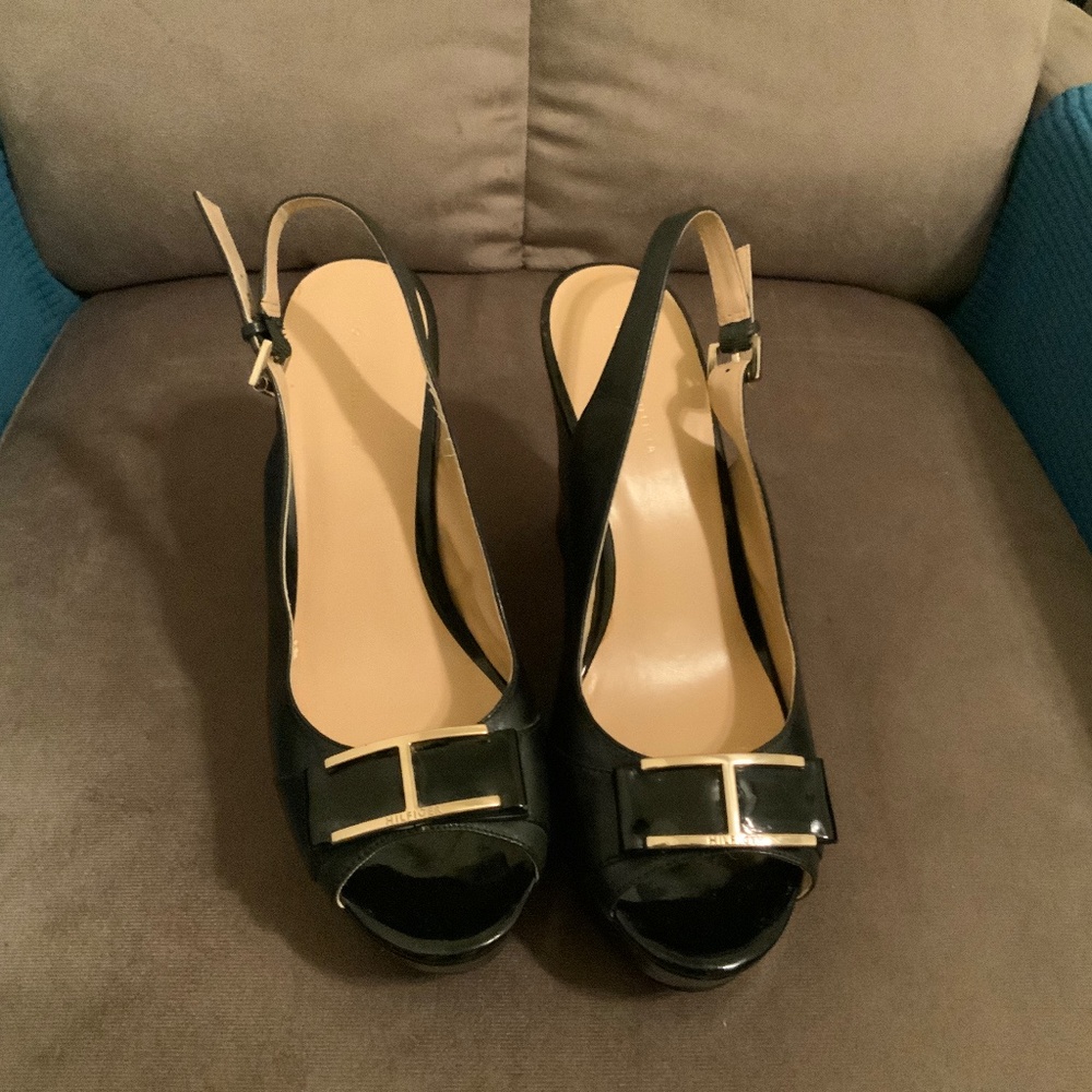 Tommy Hilfiger women size 10 black leather platform wedge sandals.
